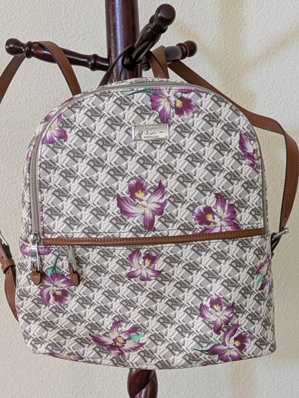 Lauren Ralph Lauren RLL Monogram Floral Orchid Backpack Cognac Trim